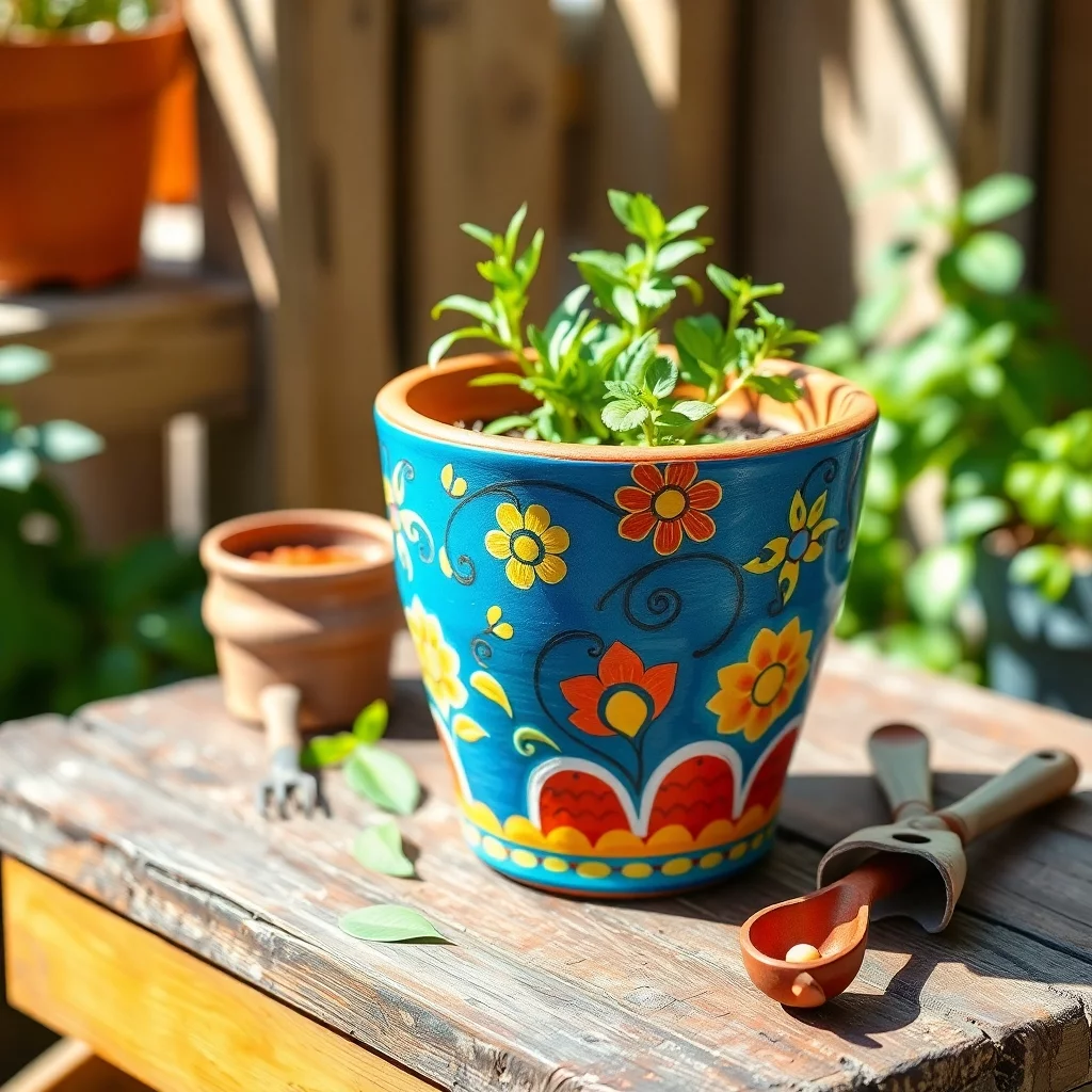 Bunter Blumentopf auf Holztisch
