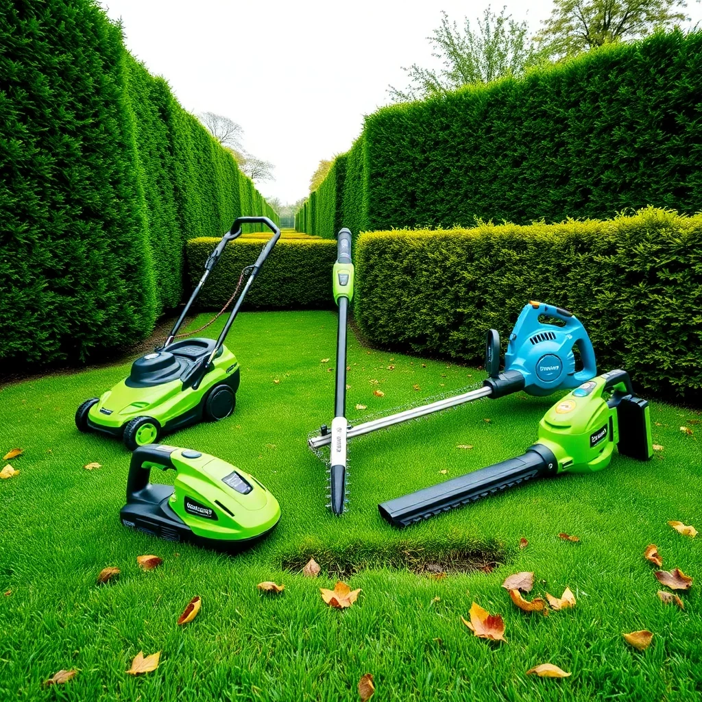 Elektrische Gartenwerkzeuge auf dem Rasen