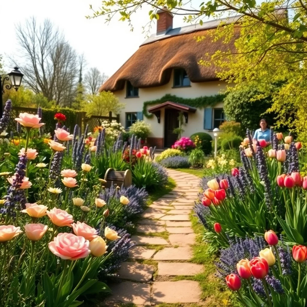 Idyllischer Englischer Cottage-Garten im Frühling
