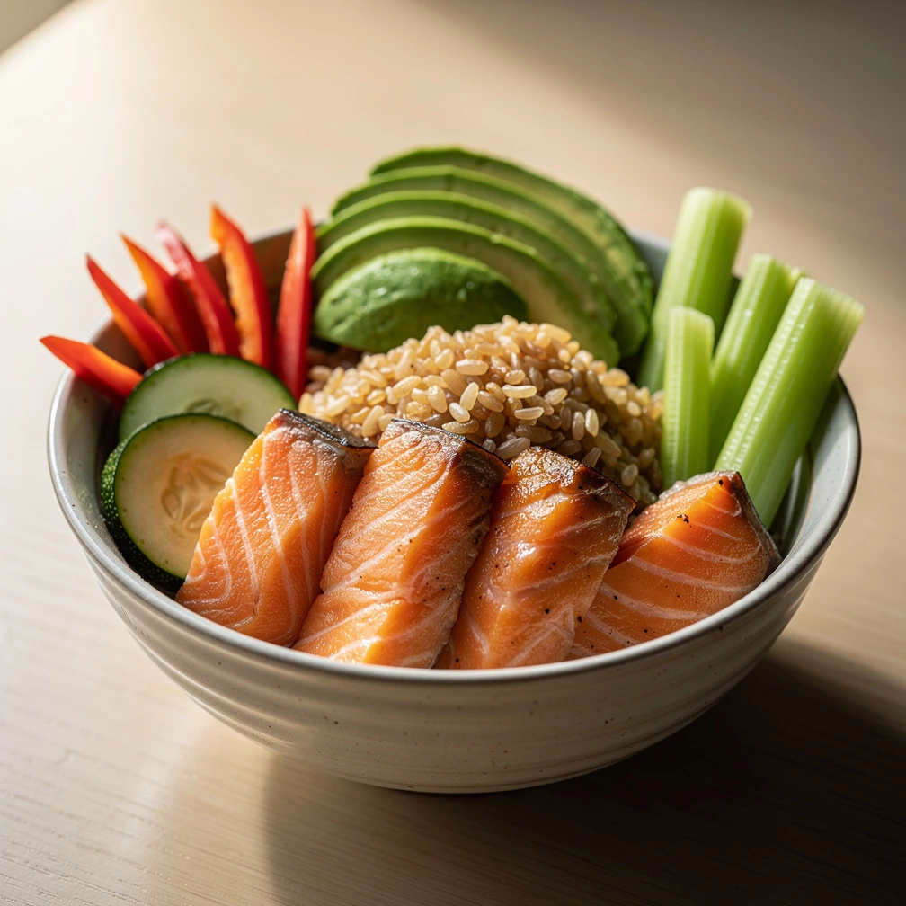 Superfood Bowl mit Gemüse, Lachs & Reis – Gesundes asiatisches Rezept