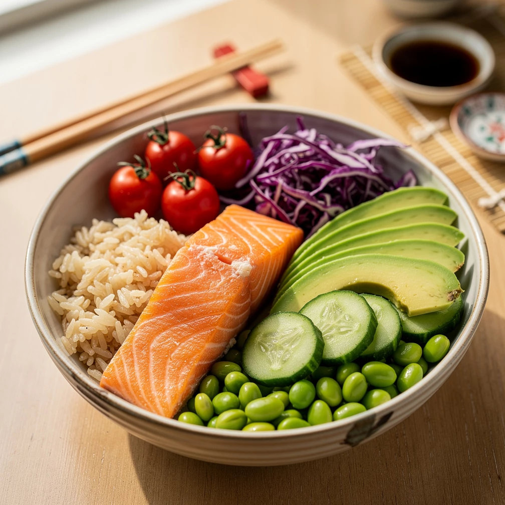 Superfood Bowl mit Gemüse, Lachs & Reis – Gesundes asiatisches Rezept