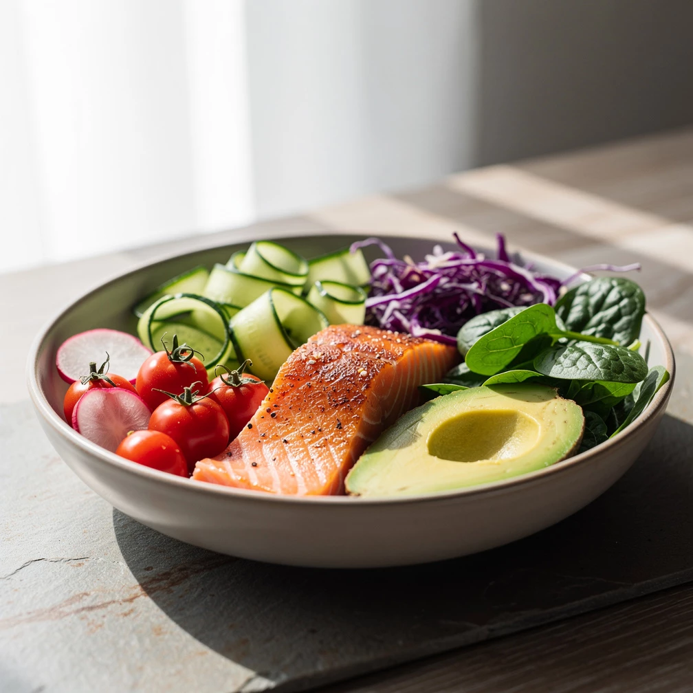 Superfood Bowl mit Gemüse, Lachs & Reis – Gesundes asiatisches Rezept
