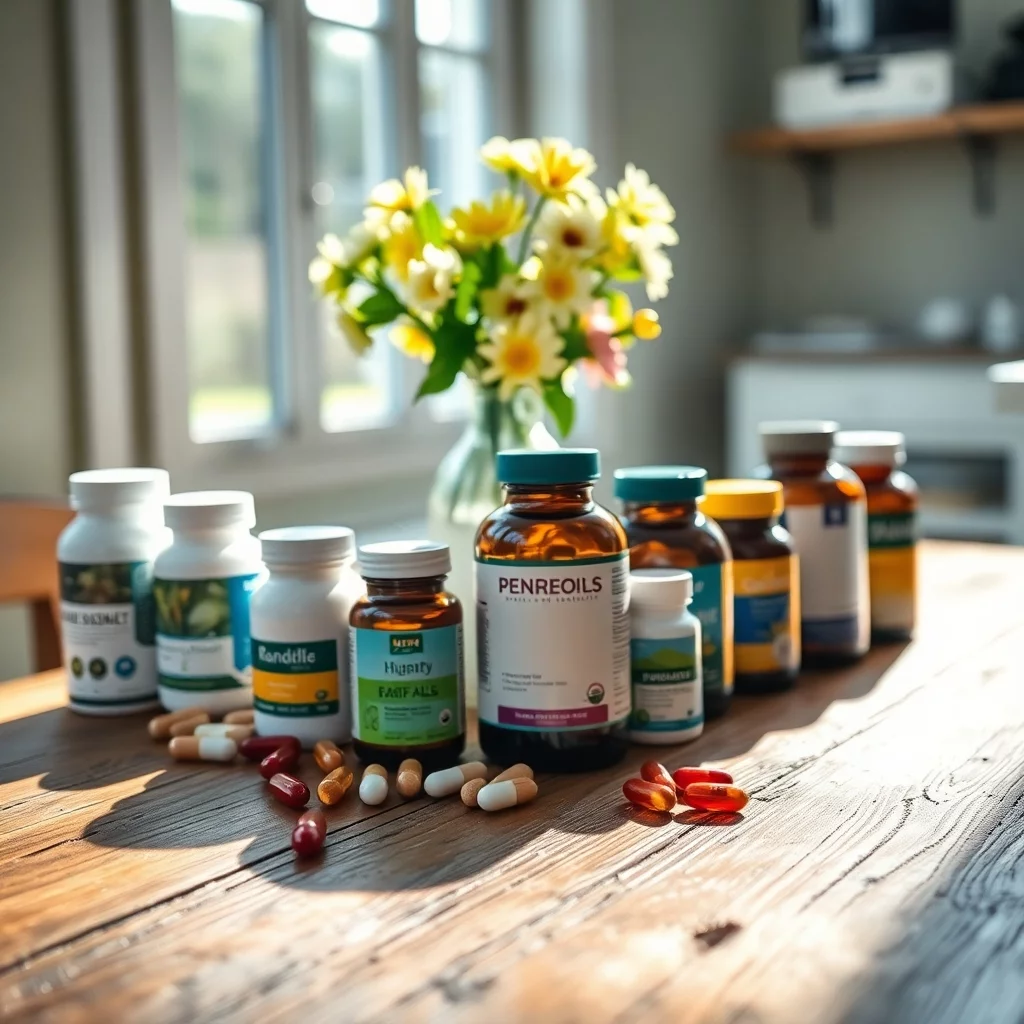 Ergänzungsmittel auf Holztisch bei Morgenlicht