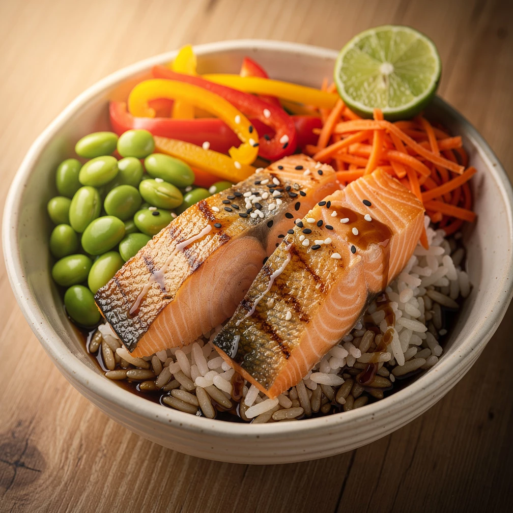 Superfood Bowl mit Gem&uuml;se, Lachs & Reis &ndash; Gesundes asiatisches Rezept