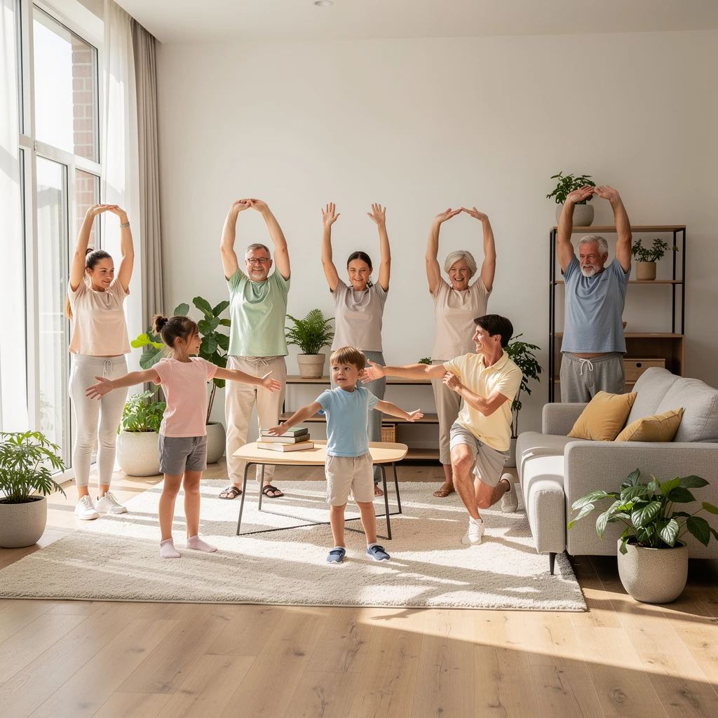 Personen verschiedener Altersgruppen bei kurzen Routineübungen in hellen Alltagsumgebungen; modern,