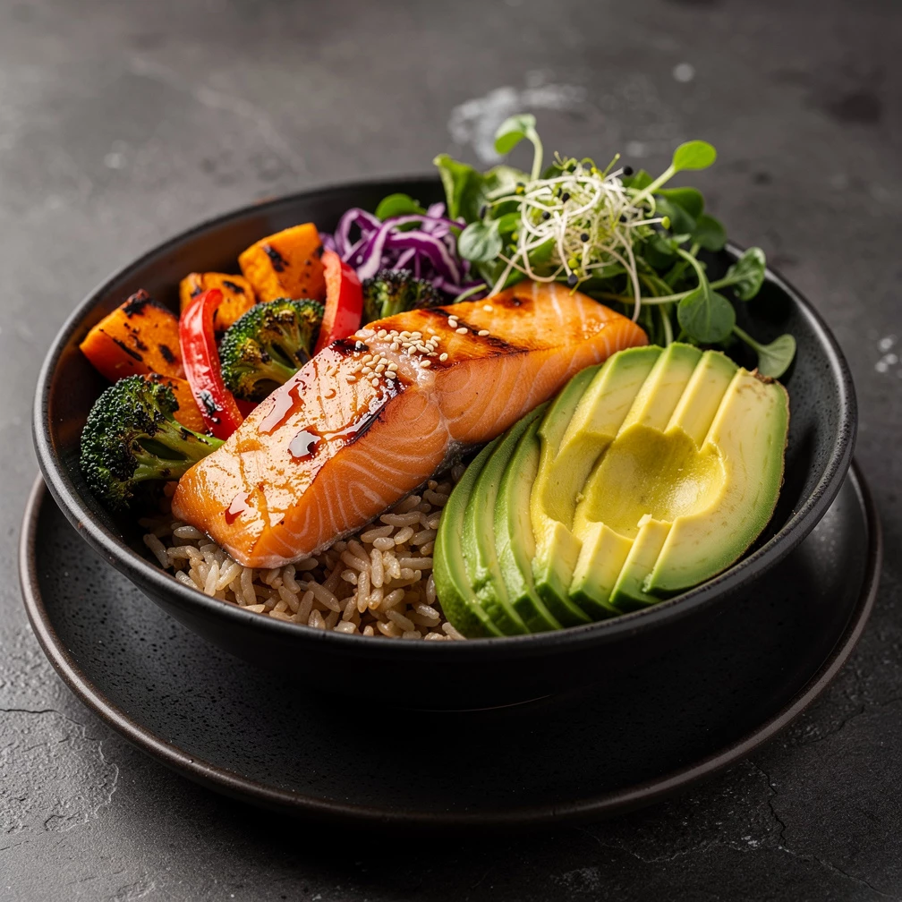 Superfood Bowl mit Gemüse, Lachs und Reis: das asiatisch-gesunde Rezept