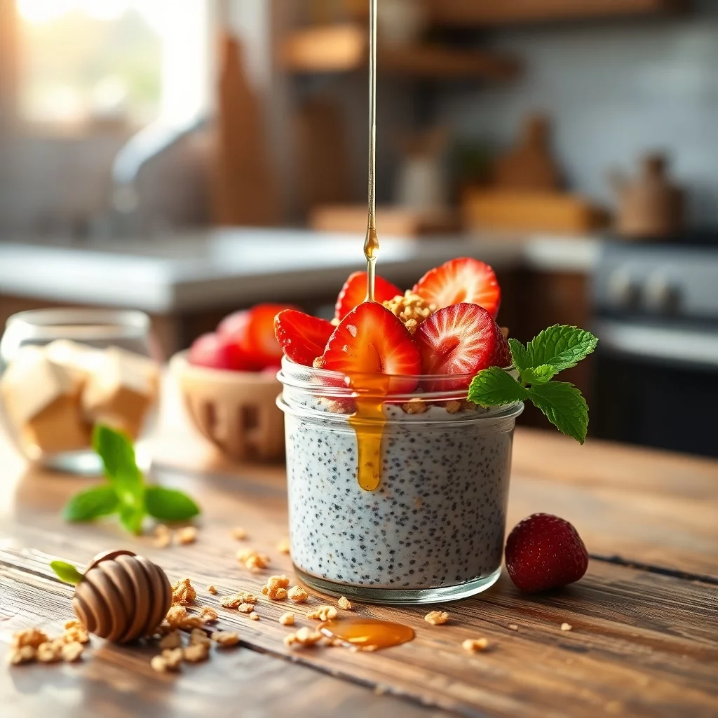 Leckerer Chia-Pudding: einfach in Hafermilch einweichen, etwas Honig dazu - Früchte. Fertig. 