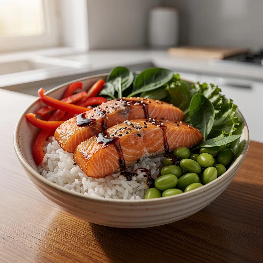 Superfood Bowl mit Gemüse, Lachs und Reis: das asiatisch-gesunde Rezept