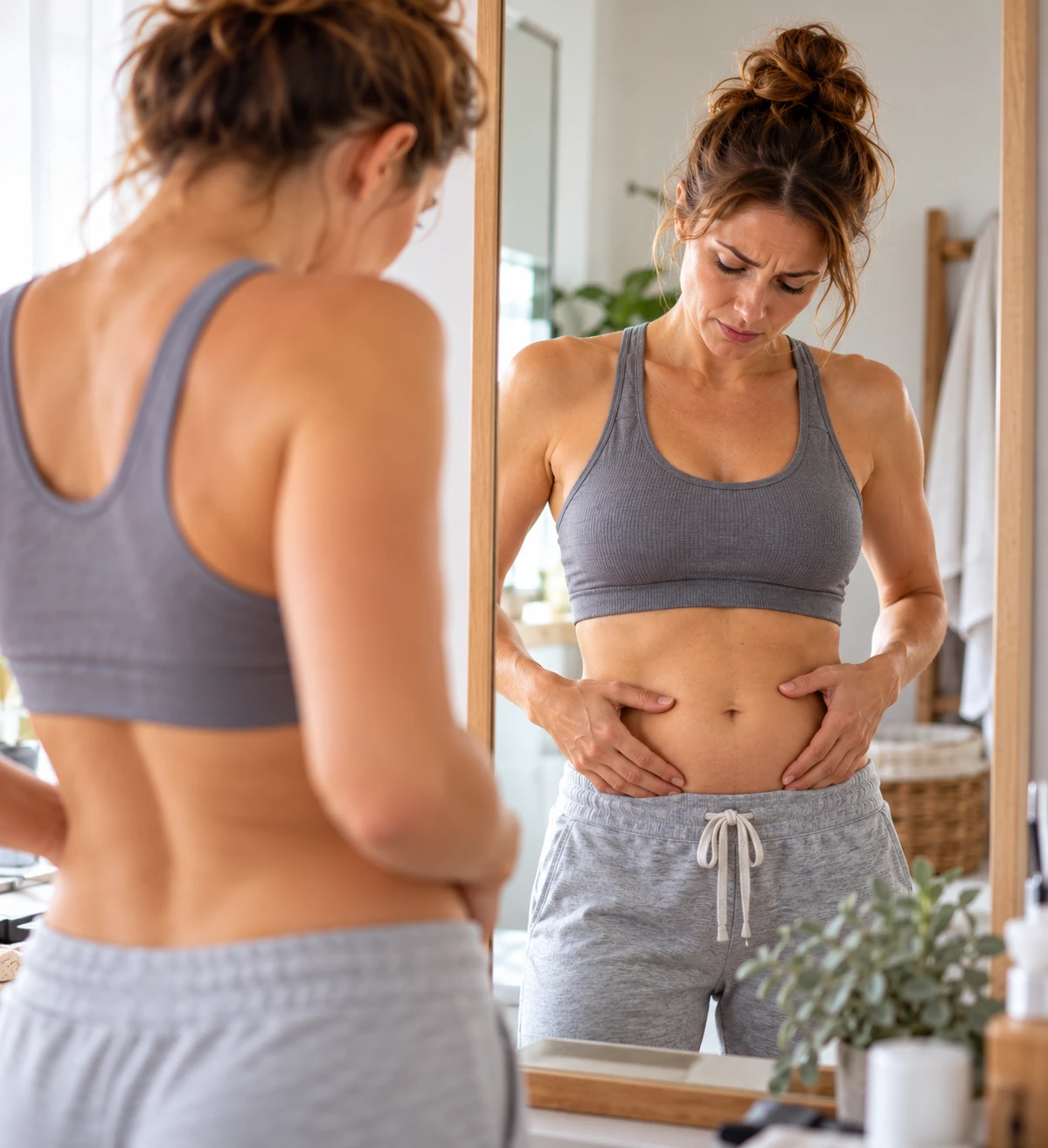 Blähbauch-Check vor dem Spiegel (Bild KI generiert).webp