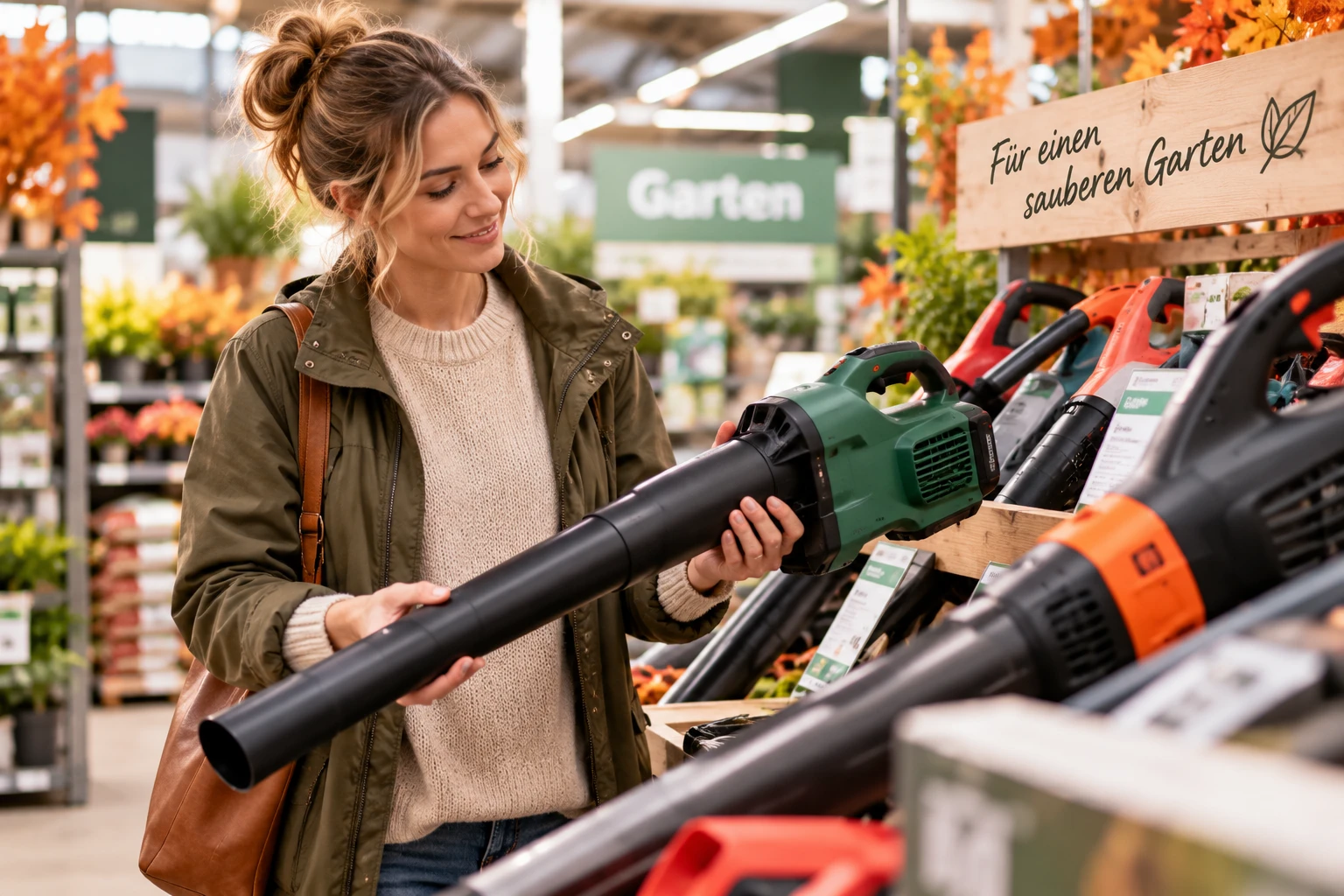 Wer verschiedene Modelle selbst in die Hand nimmt, merkt schnell, welcher Laubbläser angenehm ausbalanciert ist und zum eigenen Garten passt. (KI-generiert)