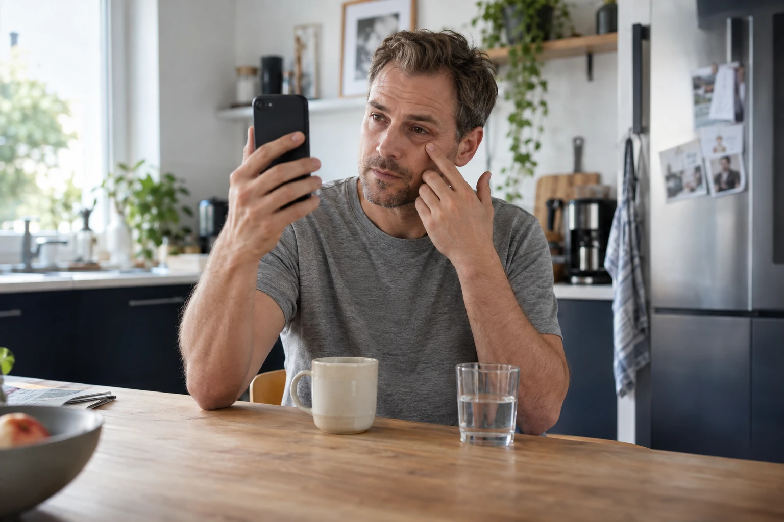 Der Check am Morgen auf die Augenringe (Bild KI generiert).webp