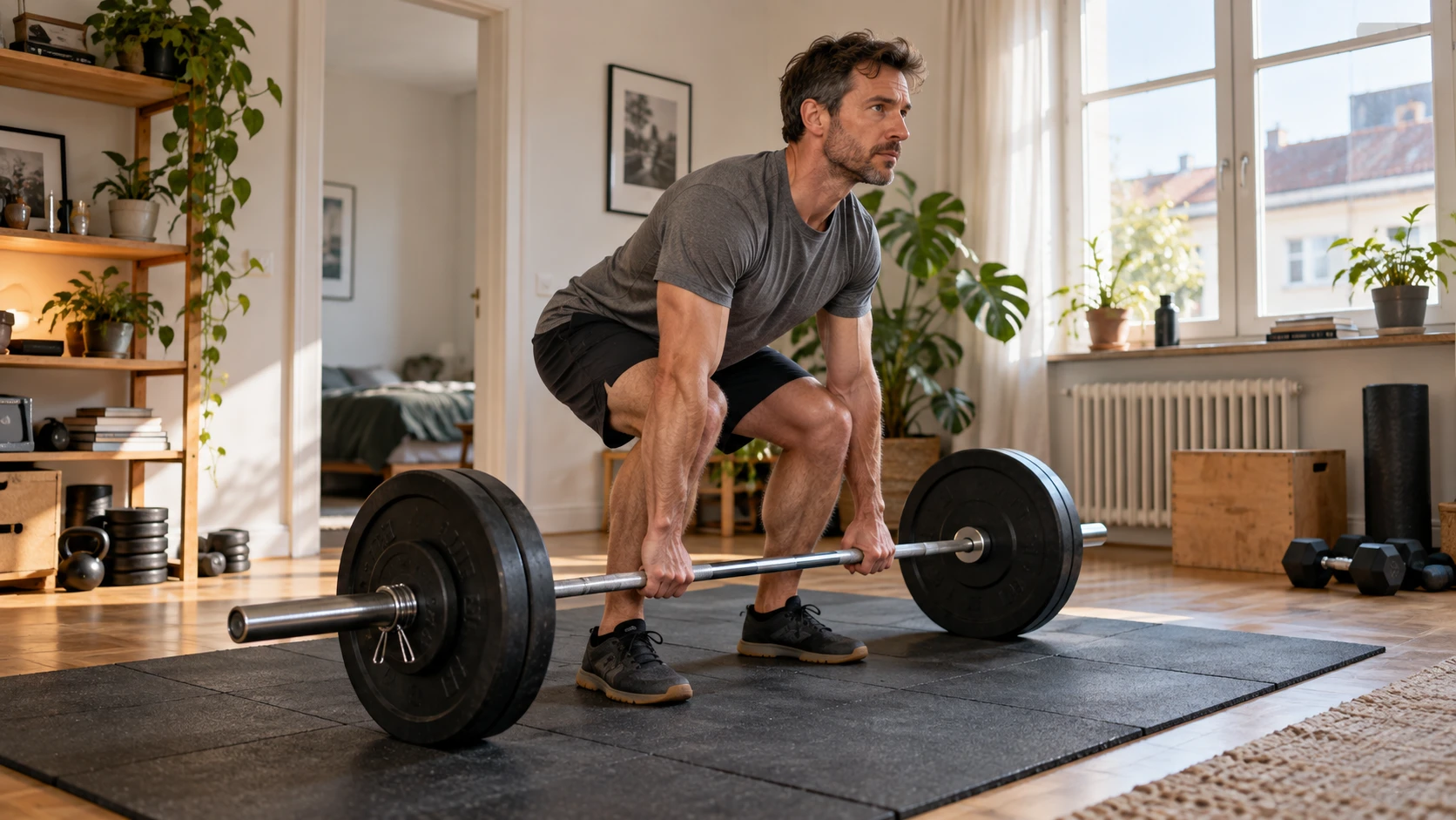 Langhanteltraining im heimischen Trainingsbereich (Bild KI generiert).webp