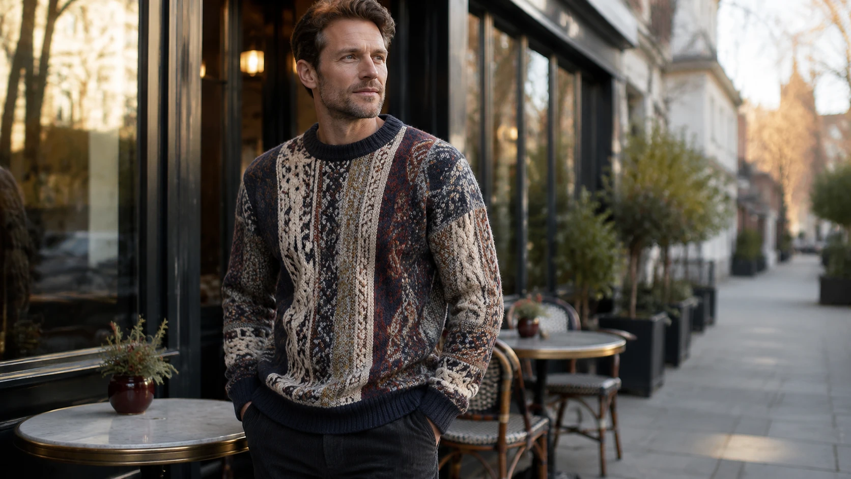 Markanter Strickpullover im urbanen Winter (Bild KI generiert).webp