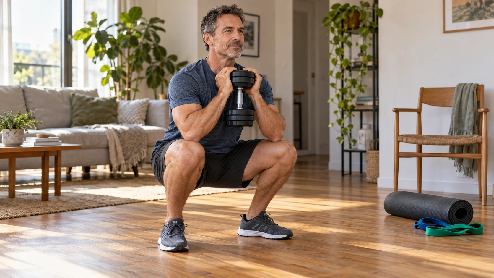 Praktisches Home-Gym Goblet-Squat im Wohnzimmer (Bild KI generiert).webp