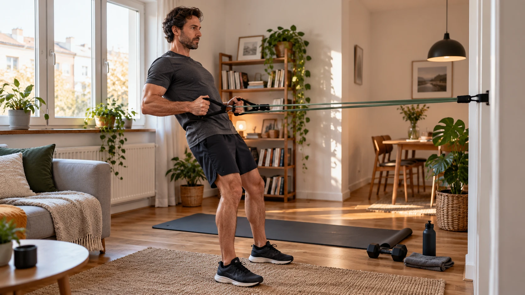 Widerstandsband-Training im kleinen Heimstudio (Bild KI generiert).webp