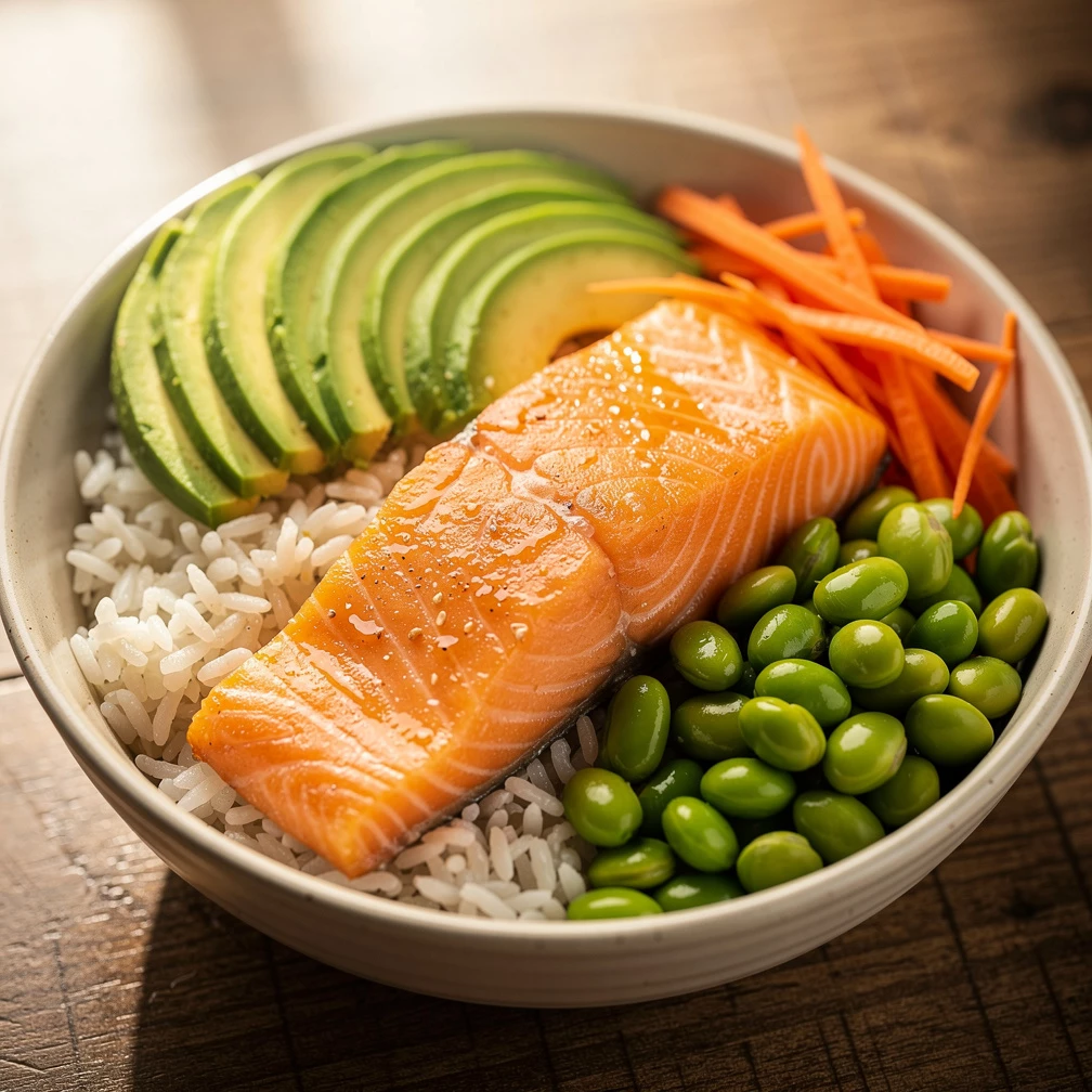Superfood Bowl mit Lachs, Gemüse & Reis – Gesundes Asia-Rezept