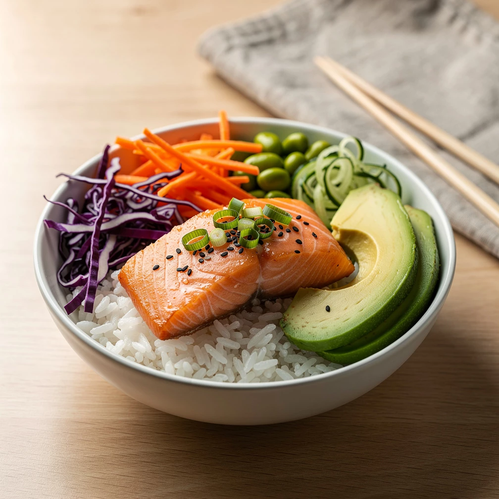 Superfood Bowl mit Lachs, Gemüse & Reis – Gesundes Asia-Rezept