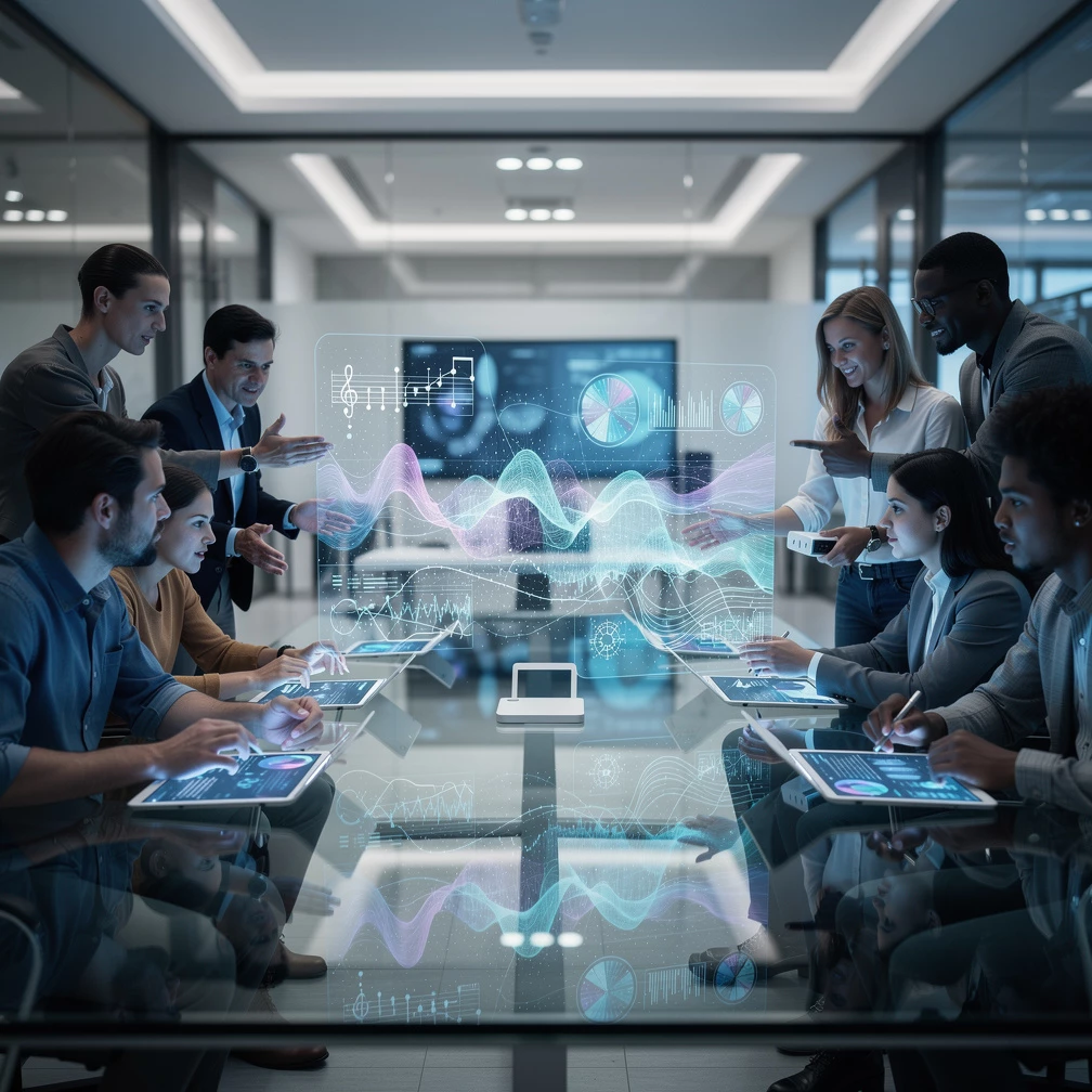 Futuristischer Arbeitsplatz mit Musikvisualisierungen