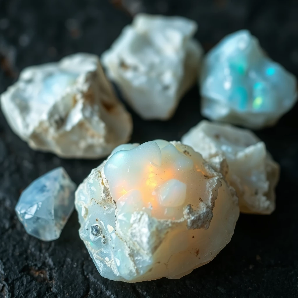 Rohweiße Opale angeordnet auf Stein