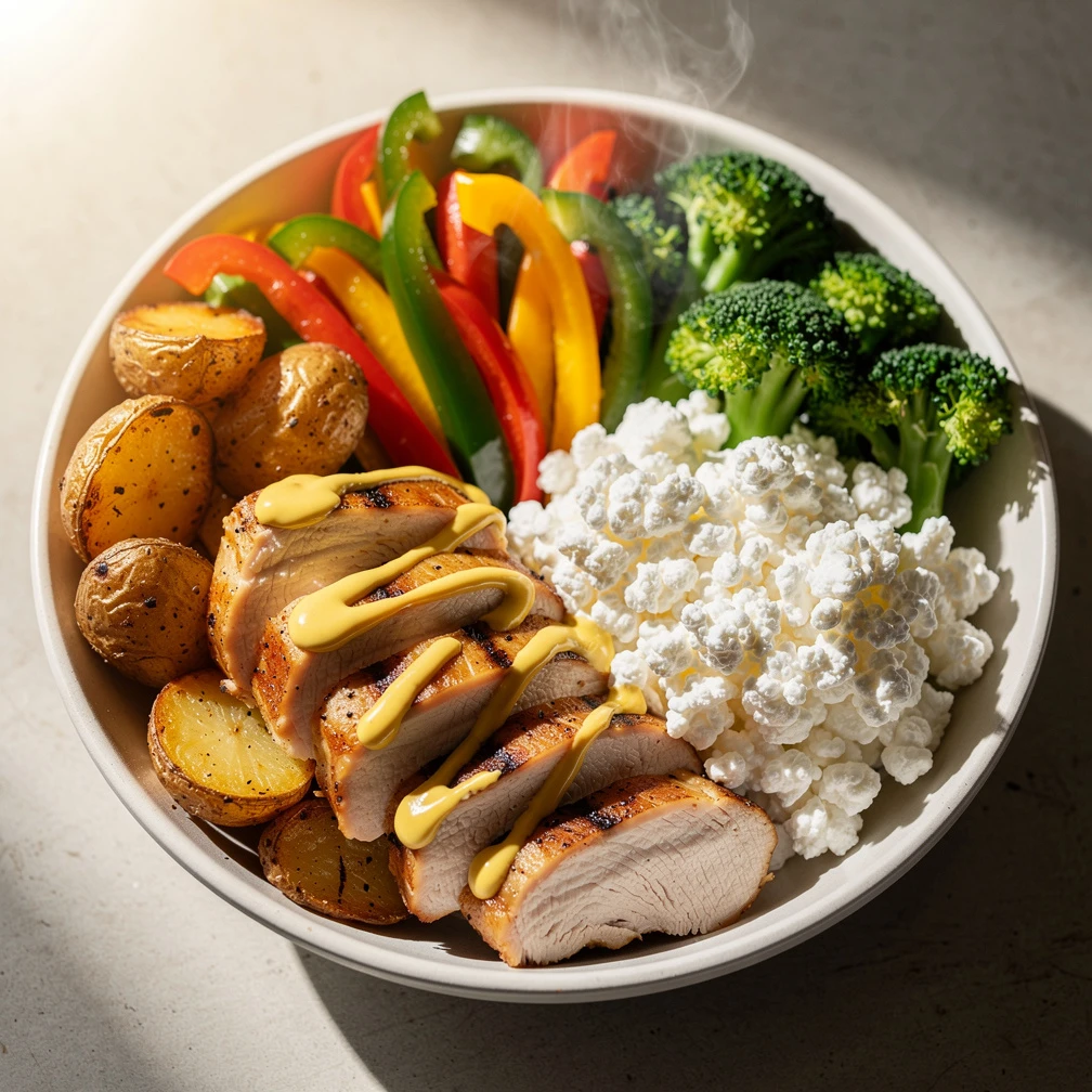 H&uuml;ttenk&auml;se-Bowl mit H&auml;hnchen und Kartoffeln