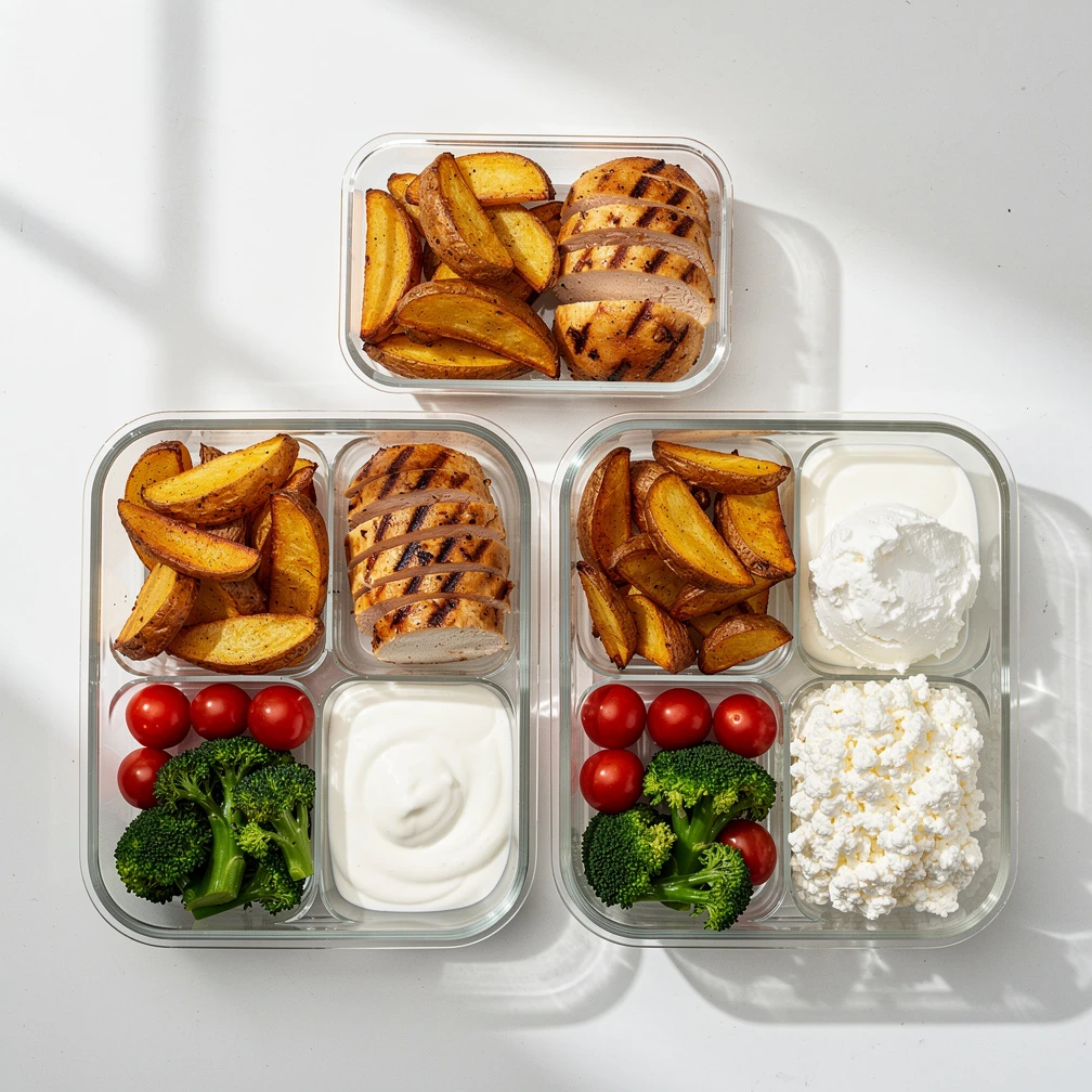 Hüttenkäse-Bowl mit Hähnchen und Kartoffeln