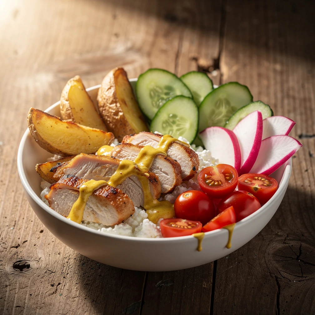 H&uuml;ttenk&auml;se-Bowl mit H&auml;hnchen und Kartoffeln