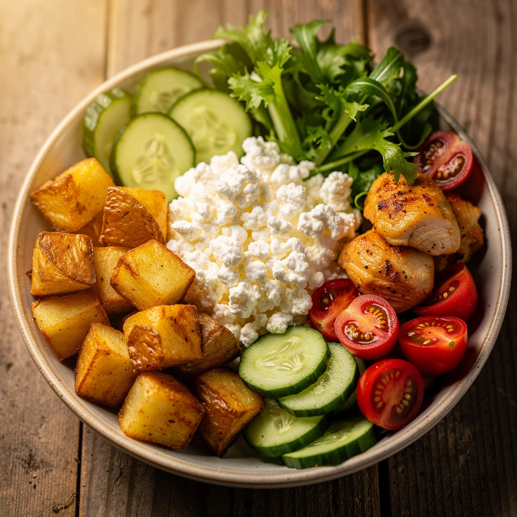 Hüttenkäse-Bowl mit Hähnchen und Kartoffeln