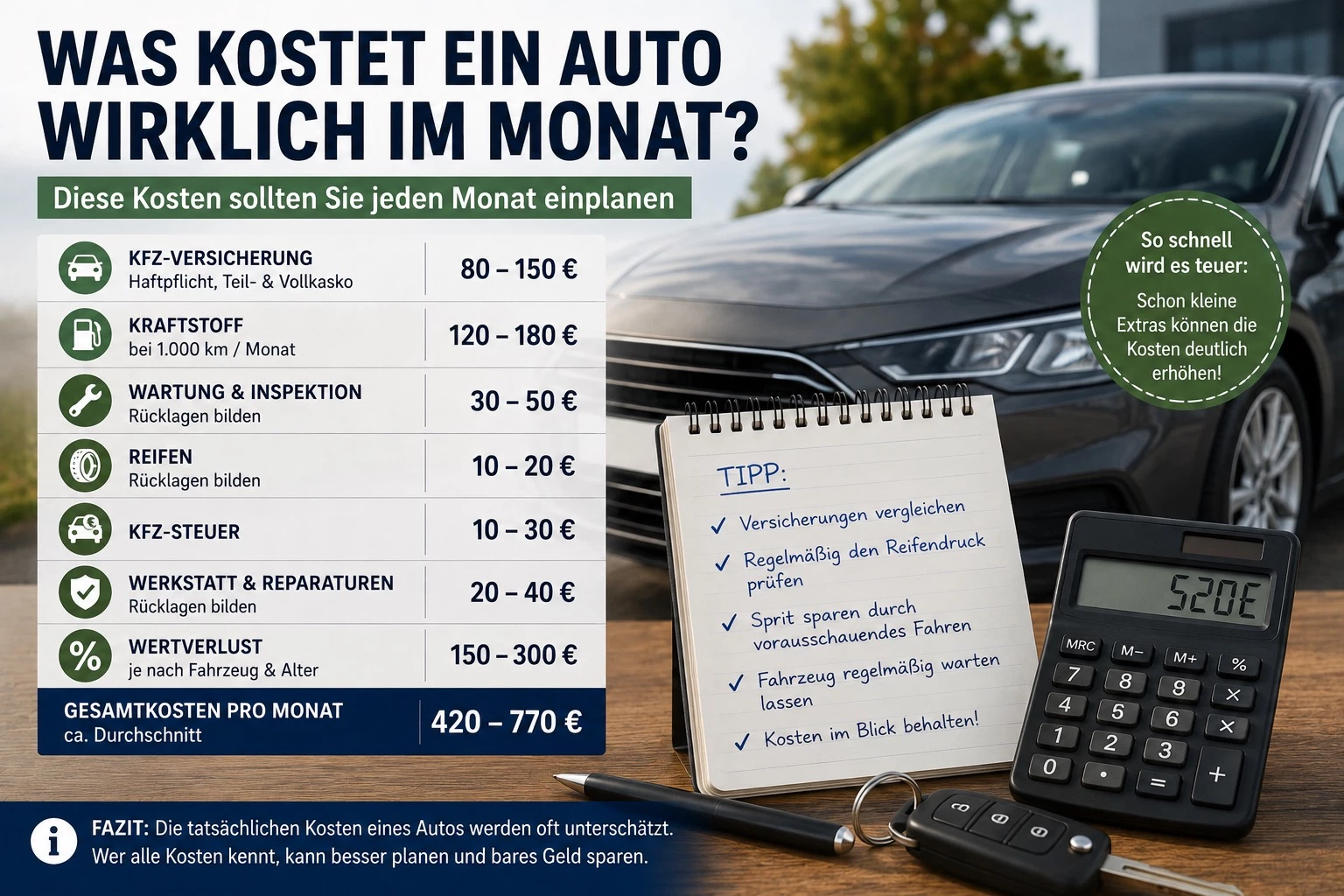 Monatliche Autokosten realistisch berechnen: TCO, Fixkosten & Wertverlust