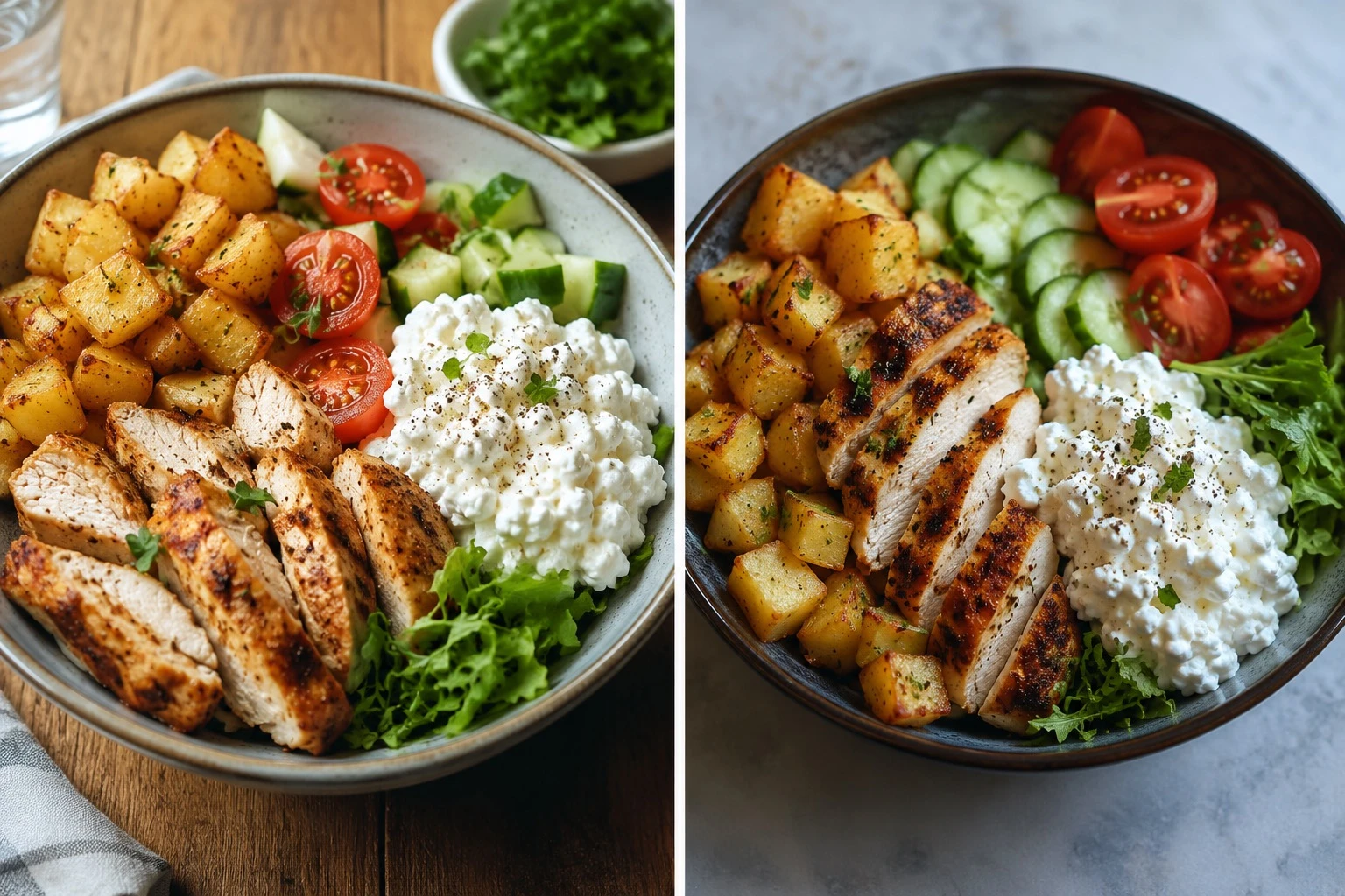 Hüttenkäse-Bowl mit Hähnchen und Kartoffeln