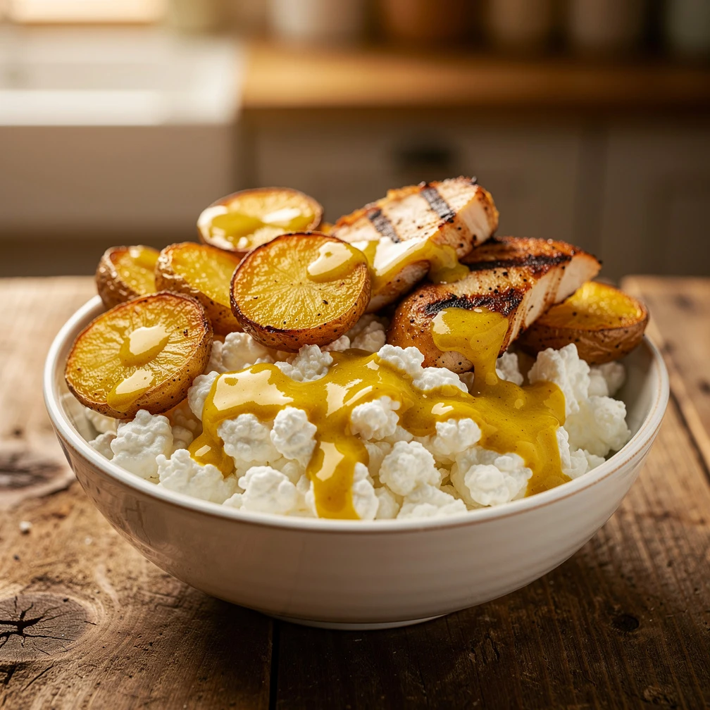 Hüttenkäse-Bowl mit Hähnchen und Kartoffeln