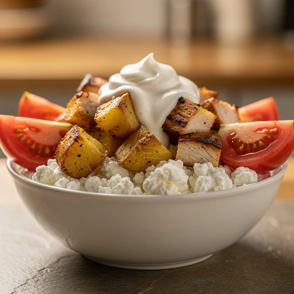 Hüttenkäse-Bowl mit Hähnchen und Kartoffeln