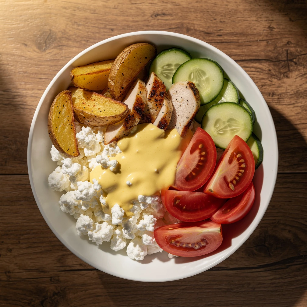 H&uuml;ttenk&auml;se-Bowl mit H&auml;hnchen und Kartoffeln