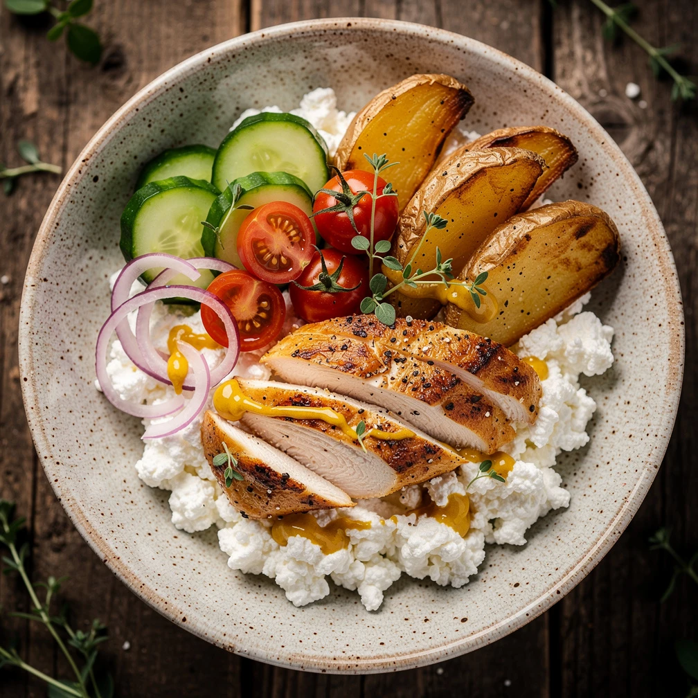 Hüttenkäse-Bowl mit Hähnchen und Kartoffeln