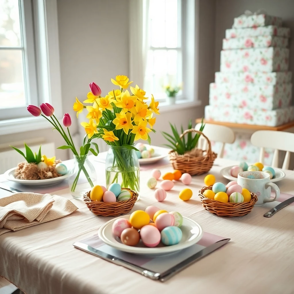 Gemütliches Ostereierszenario am Frühstückstisch