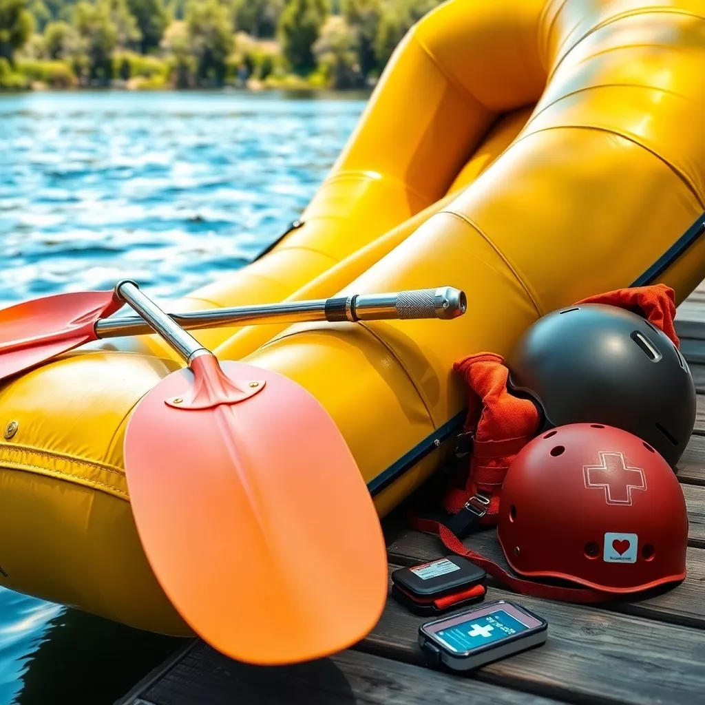 Komplette Rafting-Ausrüstung am Flussufer
