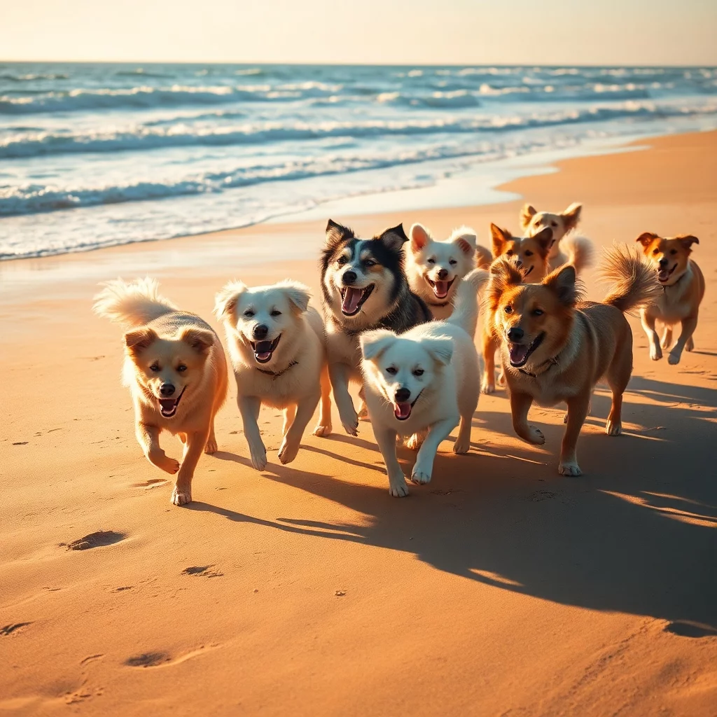 Fröhliche Hunde am Strand spielen
