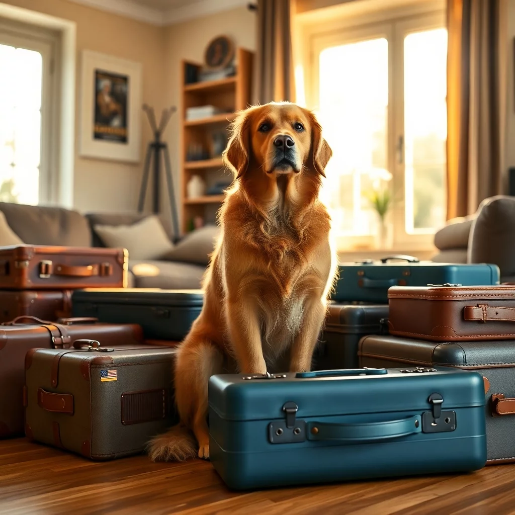 hund inmitten von koffern für einen urlaub
