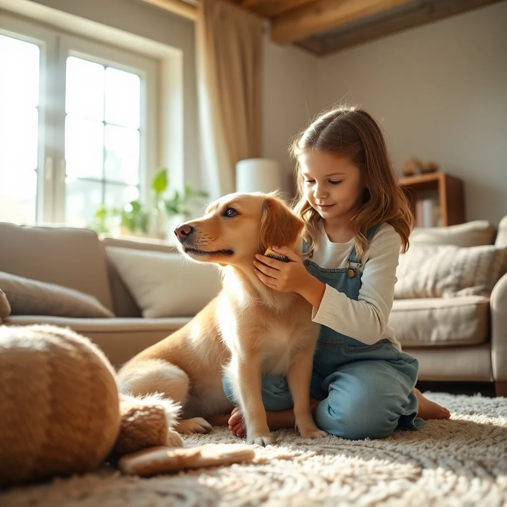 Mädchen bürstet Hund im warmen Wohnzimmer