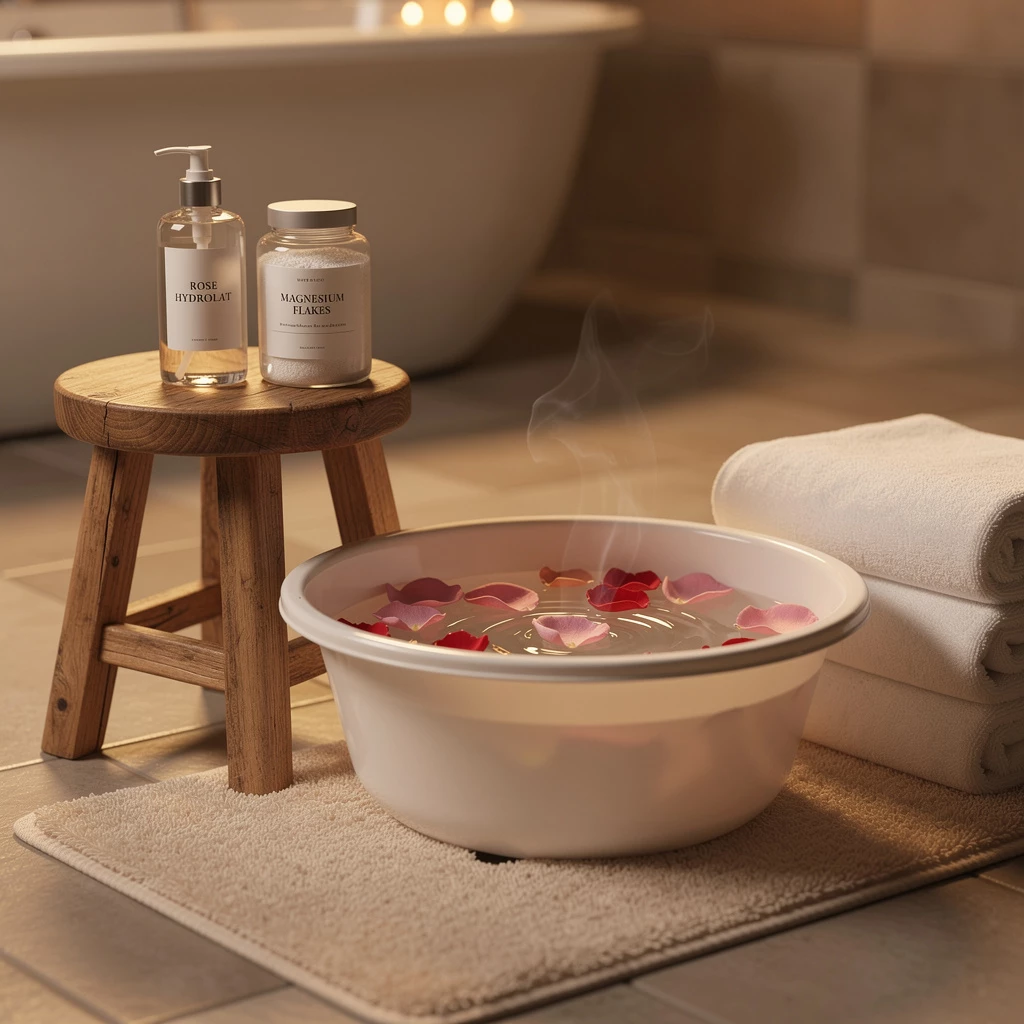 DIY-Abendrituale: Rosenhydrolat, Magnesiumflocken & warme Fußbäder