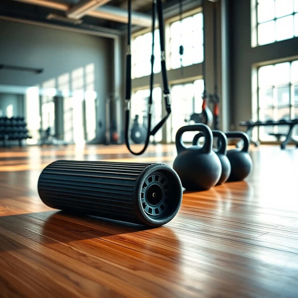 Fitness-Studio mit Foam Roller, TRX und Kettlebell