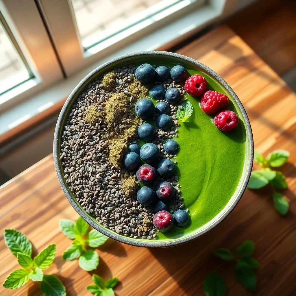 Frische Superfood-Smoothie-Schale im Morgenlicht