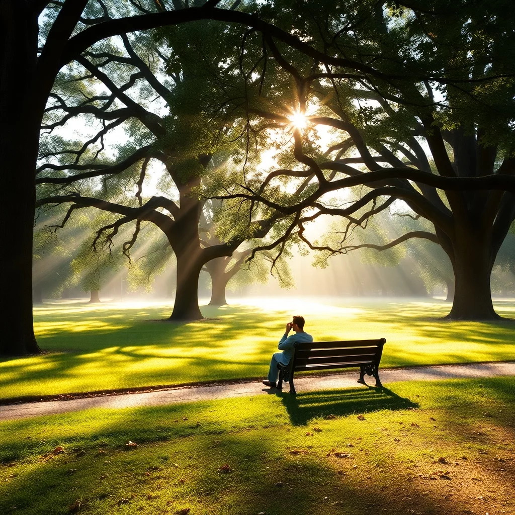 Morgenruhe im Park mit Eichenbäumen