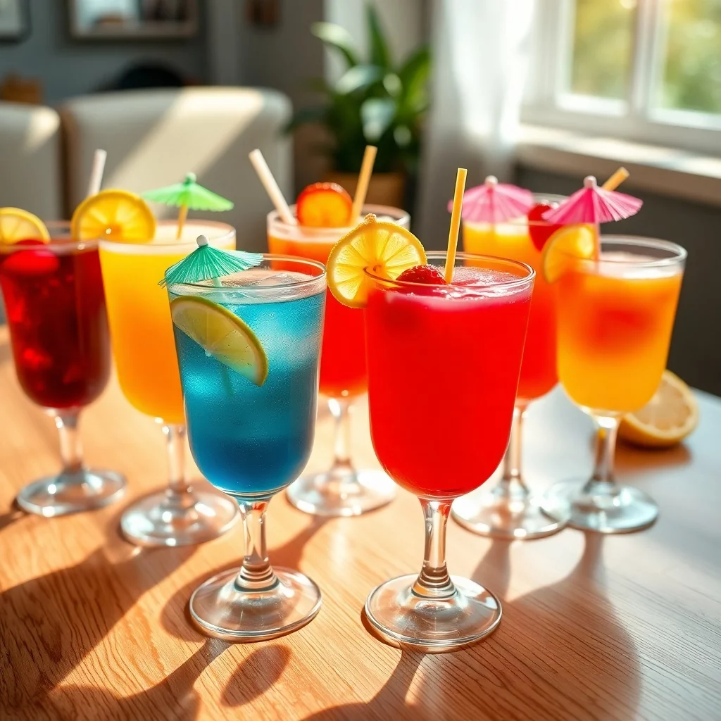 Bunte Kinder-Cocktails im Sonnenlicht