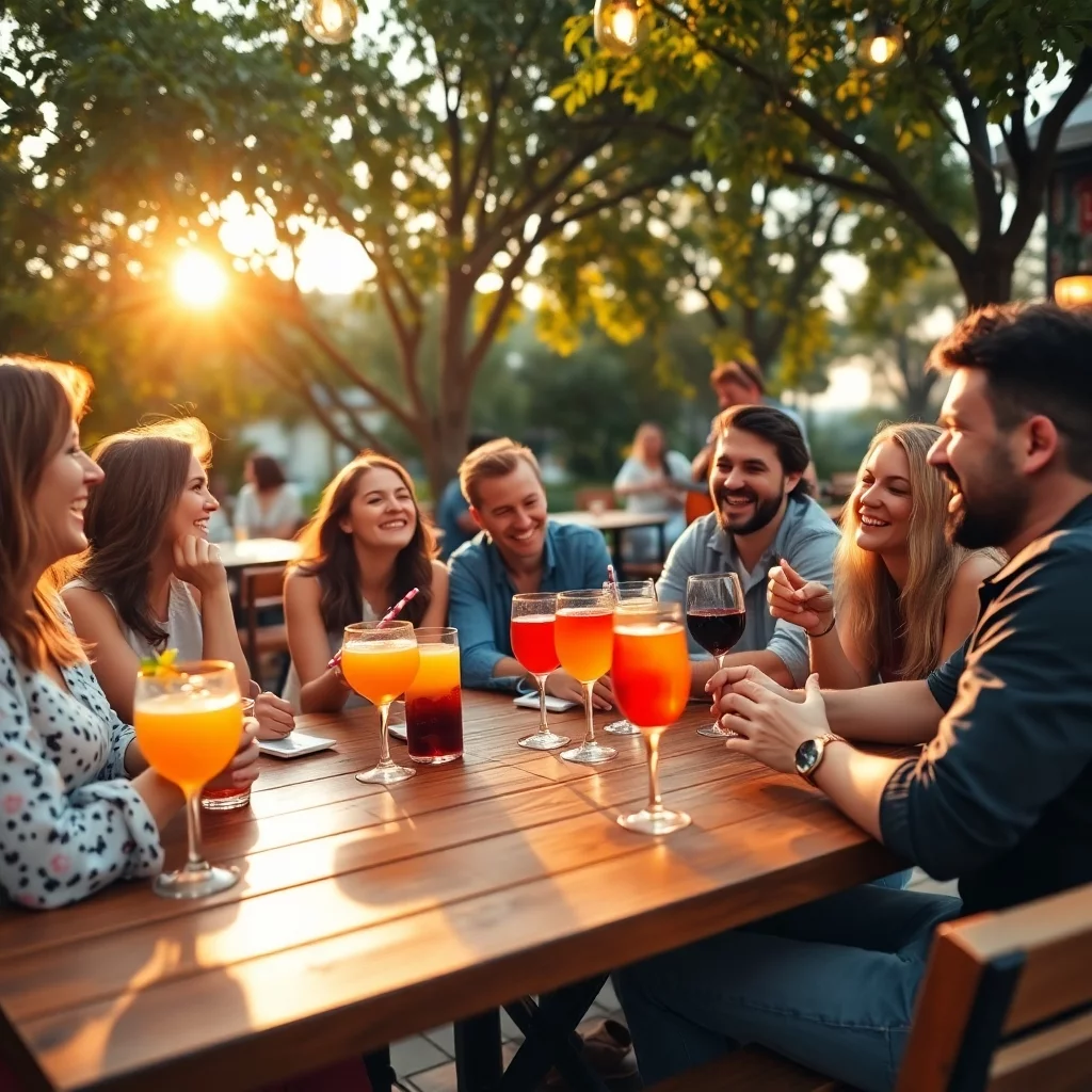 Freunde im Café bei Sonnenuntergang