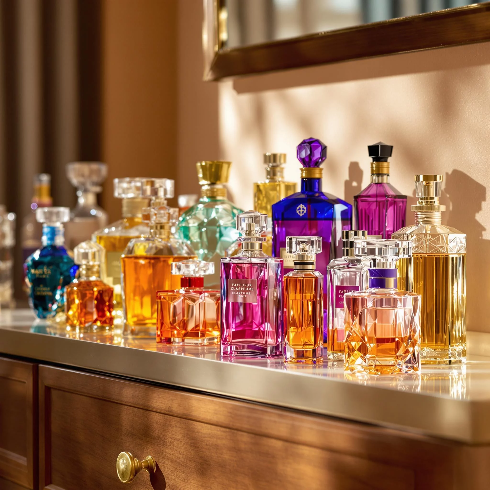 A collection of colorful perfume bottles on a vanity, soft