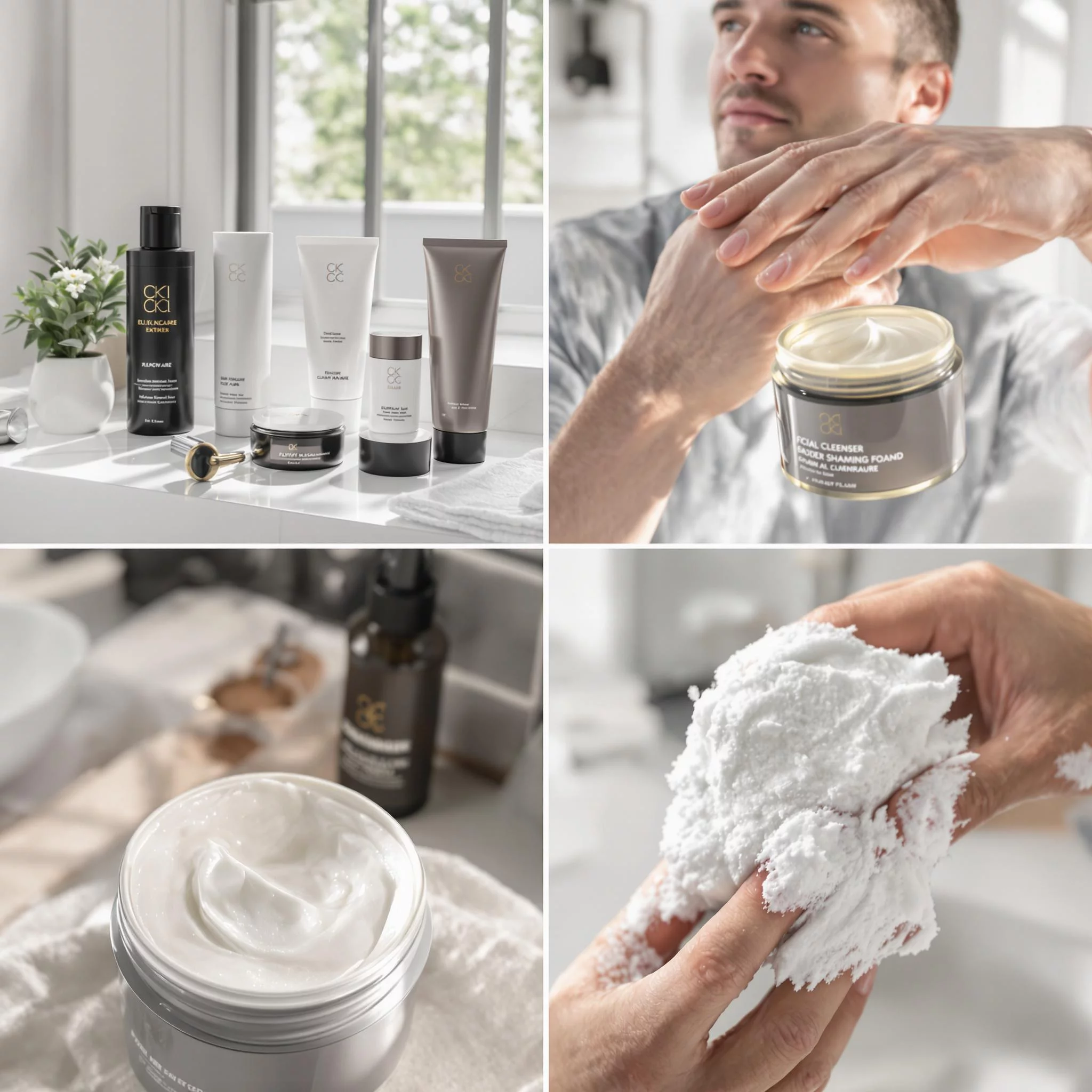 A man using skincare and grooming products, step-by-step guide with