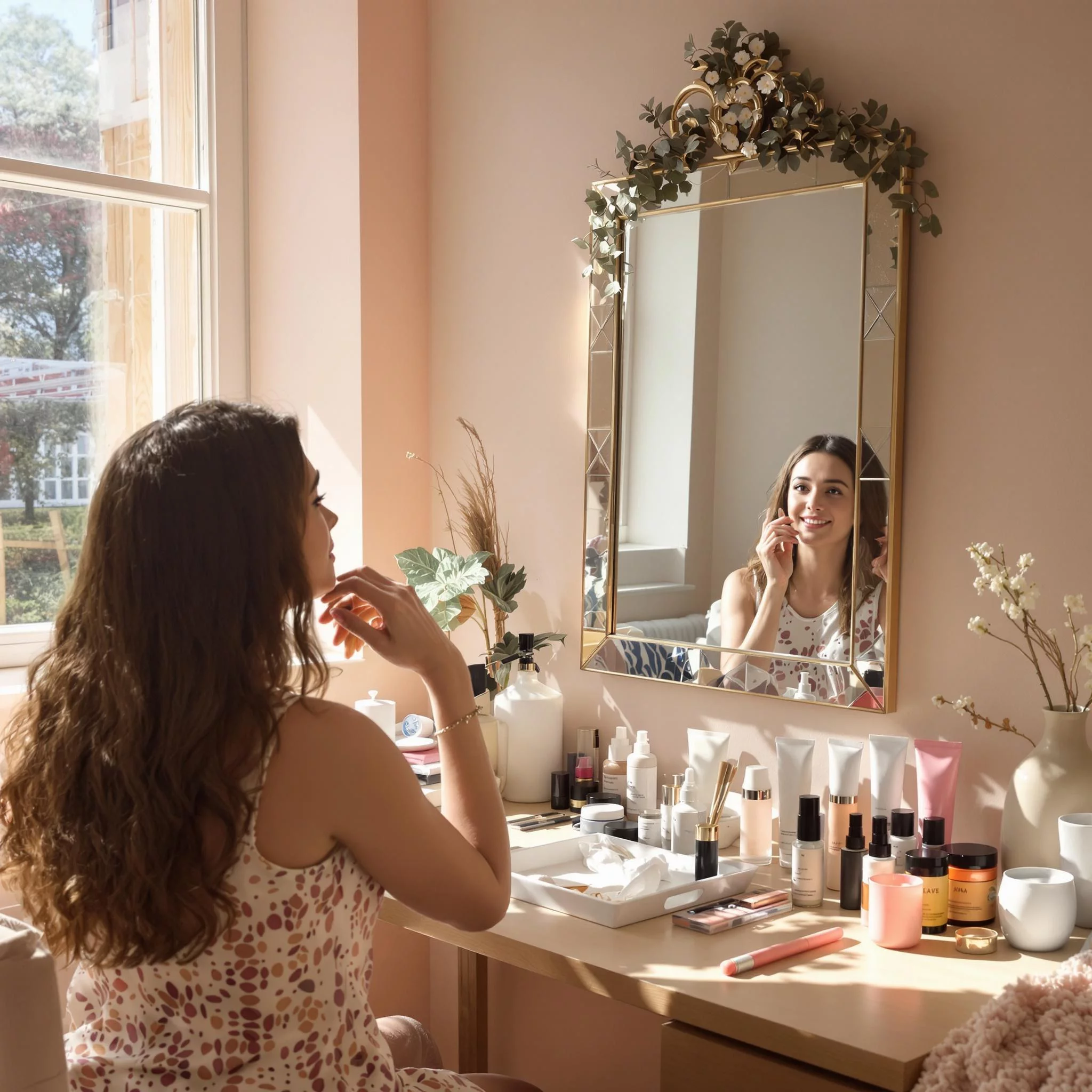 A young woman doing her morning beauty routine, applying perfume