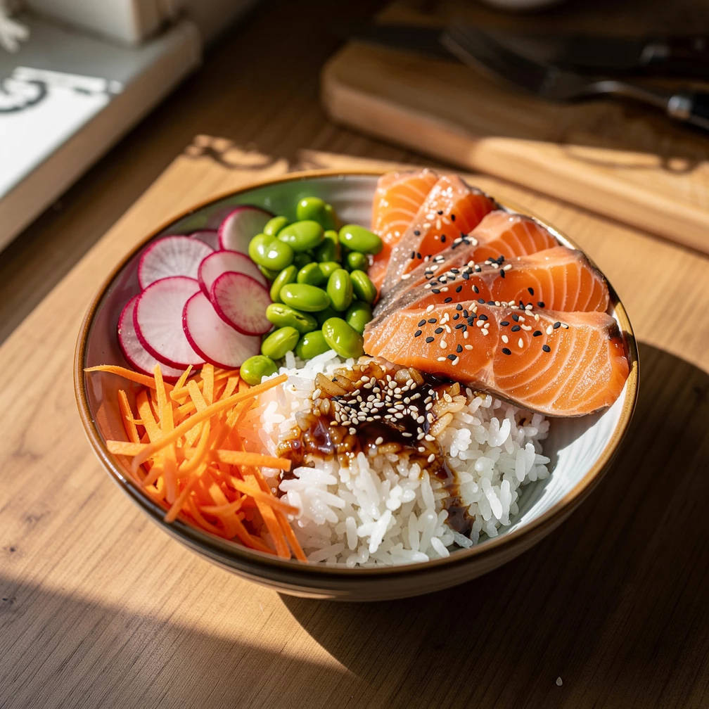 Superfood Bowl mit Gemüse, Lachs & Reis: Asiatisches Rezept