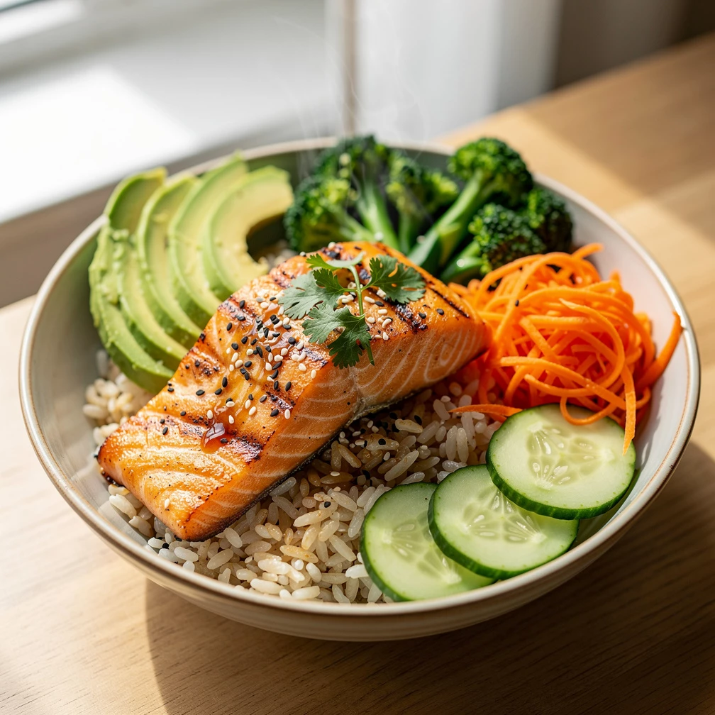 Superfood Bowl mit Gem&uuml;se, Lachs & Reis: Asiatisches Rezept