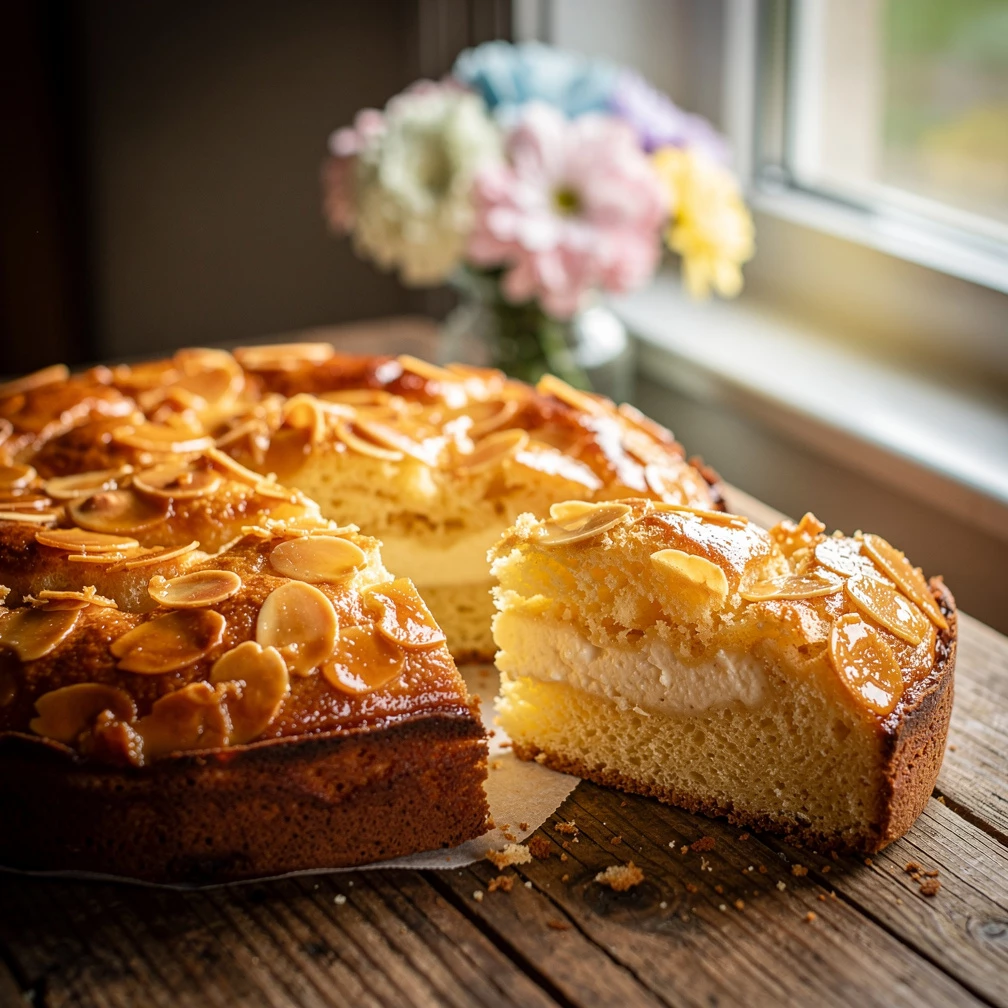 Authentischer, goldbrauner Bienenstich Kuchen auf rustikalem Holztisch, Mandelkruste glänzend, angeschnitten,